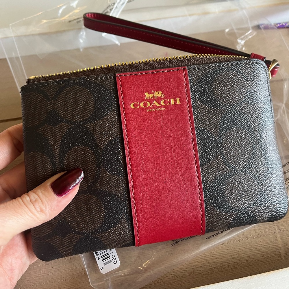 Coach Corner Zip Wristlet in Signature Canvas and Red Leather - Brand New